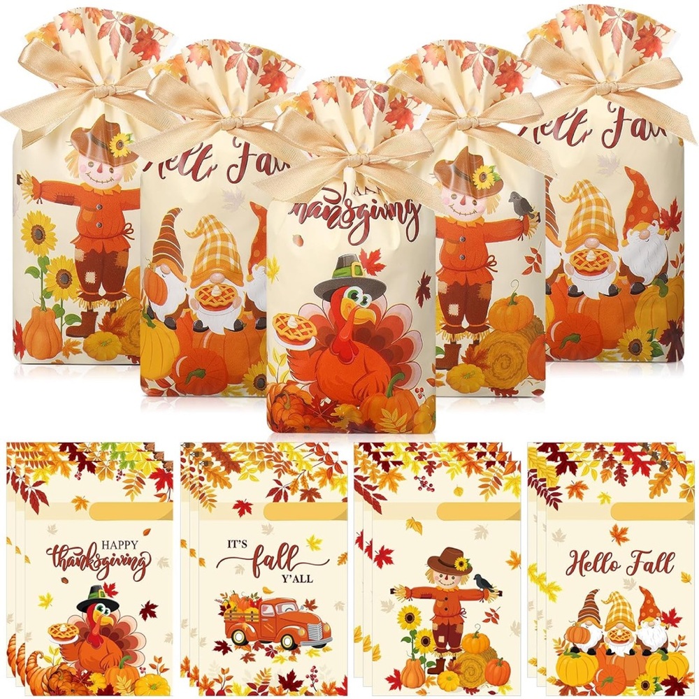 50 Thanksgiving Autumn Party Favor Bags Plastic with Drawstring - Picture 2 of 4